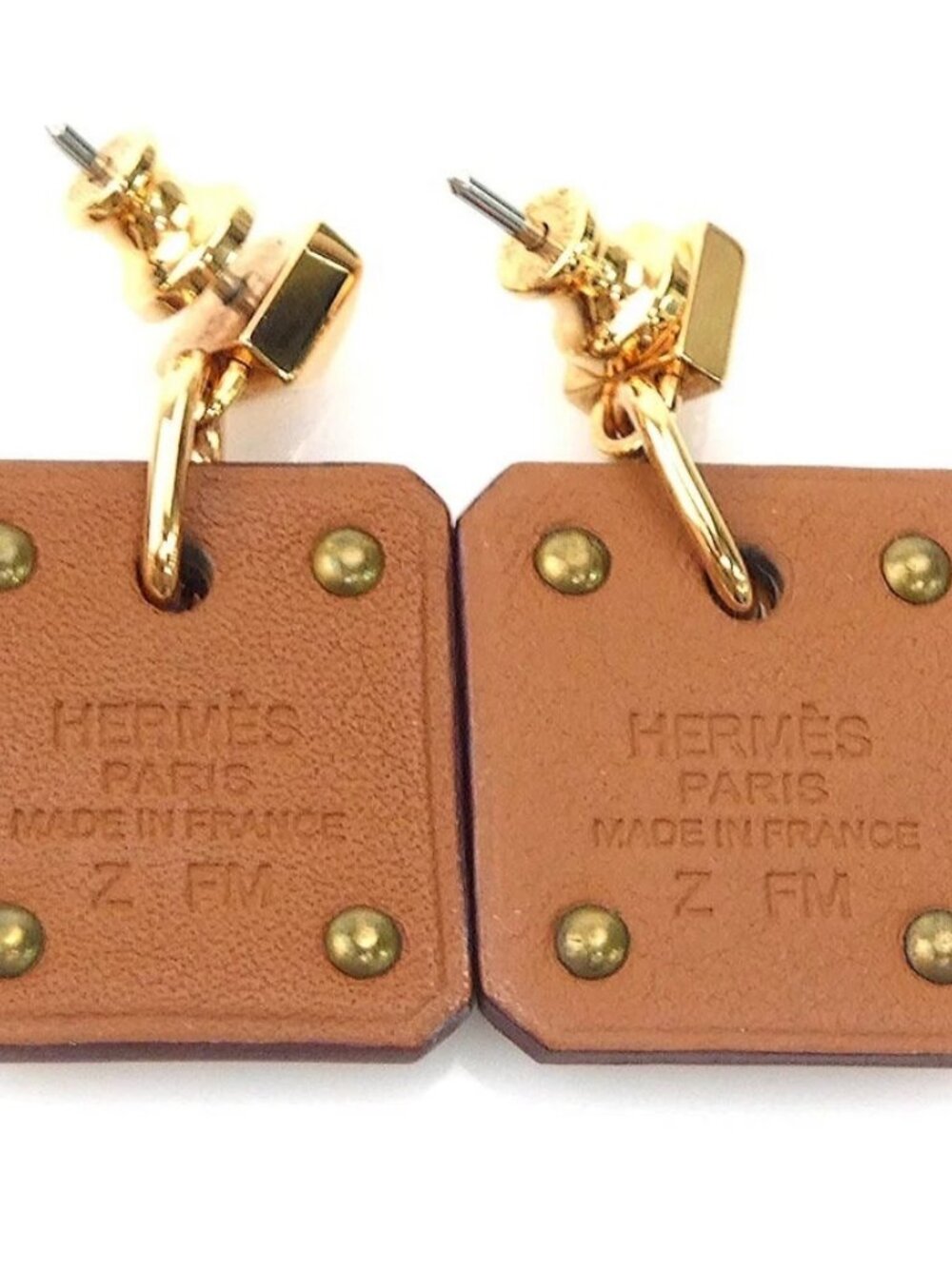 Auth HERMES As de Coeur Pierce Earrings Pink Gold/Brown Metal/Leather - e60607g - Picture 2 of 10